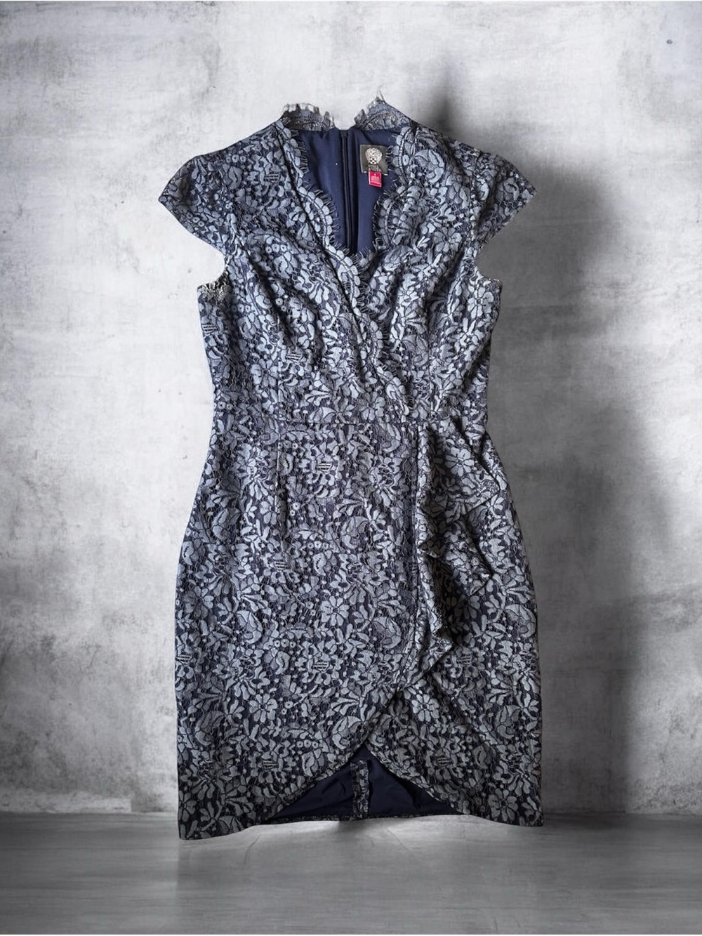 Vince Camuto Navy Lace Faux Wrap Sheath Dress Size 8 Cocktail Wedding Guest